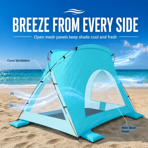 Portable Sun Shelter Beach Tent 3-Person Turquoise Ocean UPF 50+ UV Protection