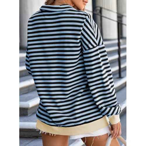 EVALESS Oversized Sweatshirt for Women 2024 Fall Outfits Fashion Long Sleeve Shirts Striped Quarter Zip Pullover Tops