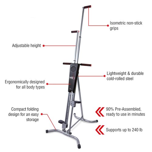MaxiClimber 2.0 Vertical Climber Exercise Machine w/ Elastic Resistance System - Foldable Home Gym Fitness Equipment for Full Body Cardio & Strength Training Workouts, Adjustable Height