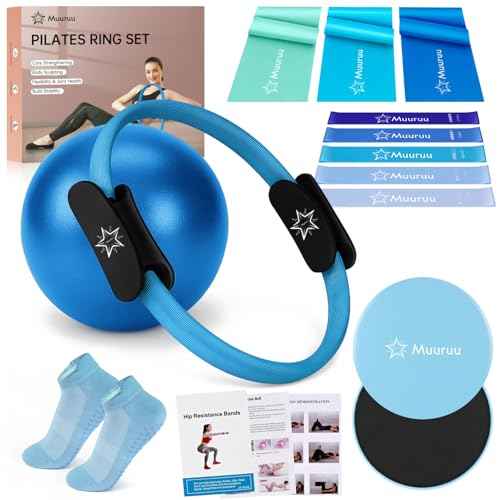 Pilates Ring Set, Pilates Essentials Kit for Home Workouts Women, Yoga Equipment Set with 14 Inch Magic Circle, 9.8¡± Ball, 5 Resistance Bands, 3 Long Stretch Bands, Core Sliders, Non-slip Socks