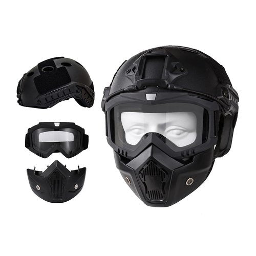 Airsoft Helmet and Mask with Goggles, Airsoft Full Face Mask, with NVG Mount and Side Rail,Tactical Airsoft Gear PJ Style Helmet（Black）