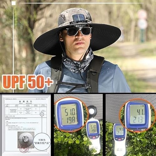 Wide Brim Solar Fan Hats for Men Women - UPF 50+ Hat with Solar Fans Built in- Removable & USB Charging Fan (US, Alpha, One Size, Large, Petite Plus Size, Black)