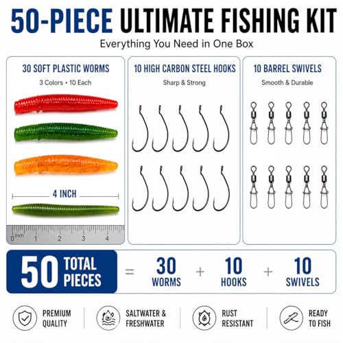50PCS Fishing Worm Lure Kit with Hooks & Swivels - Soft Plastic Bass Baits