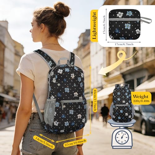 20L Foldable Travel Backpack - Packable Lightweight Day Pack with Water-Resistant Nylon - Black White Dot Floral