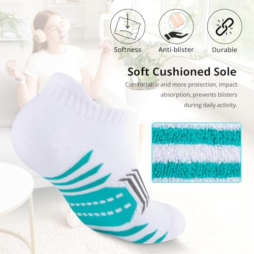 Ankle Socks Womens Athletic Cushioned Anti-Blister Running Cotton 6 Pairs - White Grey Black Variations Included