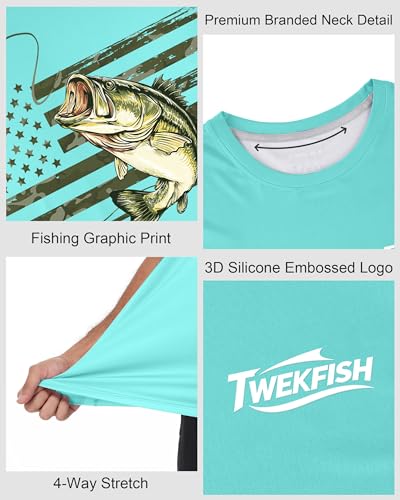Men's Short Sleeve Fishing Shirt UPF 50+ UV Sun Protection Quick Dry Graphic Tee - Aqua Blue Camouflage Bass, Large