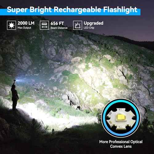 LETMY Rechargeable Flashlights High Lumens, 2 Pack 2000 Lumens Bright LED Tactical Flashlight, 3 Modes Samll Powerful Flash Lights with Clip, Waterproof Flashlights for Home Emergency Camping (Blue)