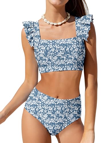 Girls 2 Piece Swimsuit Bikini Set - Blue White Floral, Adjustable Straps, Ruffle Trim, Ruched, Square Neck, Teen 9-16Y