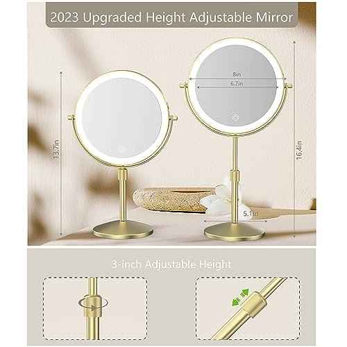 8" Lighted Makeup Mirror, 1X/10X Magnification, Double Sided Dimmable, Rechargeable & Height Adjustable, Cordless Vanity Mirror (Gold)