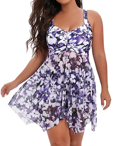 Plus Size Mesh Swim Dress Two Piece Swimsuit with Shorts - Purple Flower 18
