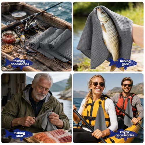Grey 16x16 Microfiber Fishing Towels with Clip - Waffle Pattern 3 Pack