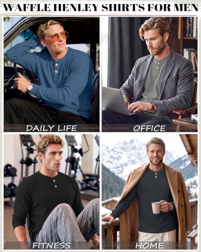 Men's Waffle Henley Long Sleeve Shirts - 4 Pack, Small Haze Blue & Gray