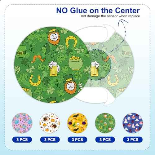 HONYOU 15Pack Libre 3 Sensor Covers Waterproof, 15 Days Long Stay Libre 3 Plus Protective Festive Print Pattern CGM Adhesive Patches Without Hole, Hypoallergenic & Latex-Free, Sweatproof