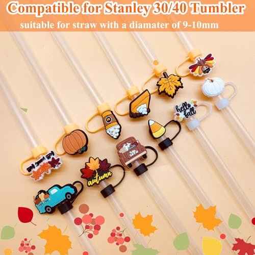 12pcs Fall Straw Toppers for Stanley Cup Thanksgiving Autumn Straw Covers 10mm Silicone Drinking Tip Covers for Stanley Cup Accessories
