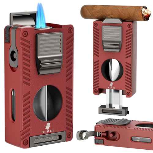 XIFEI Torch Lighter, Double Jet Flame Lighter with Cigar V Cutter and Punch, Draw Enhancer and Holder, Refillable Butane Lighter, Multifunctional Cigar Accessory for Men's Gift (Red)