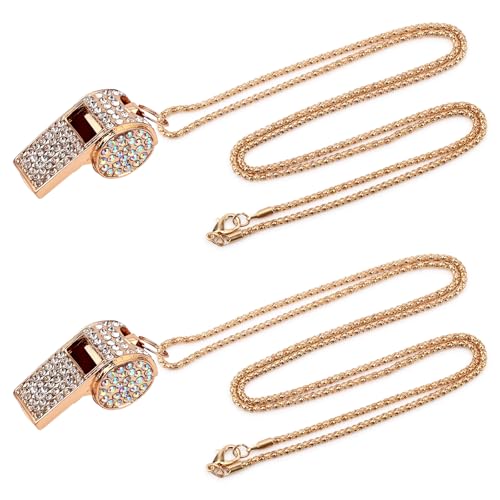 2pc Bling Whistle Necklace Set - Gold Rhinestone Coaches Sport Whistles
