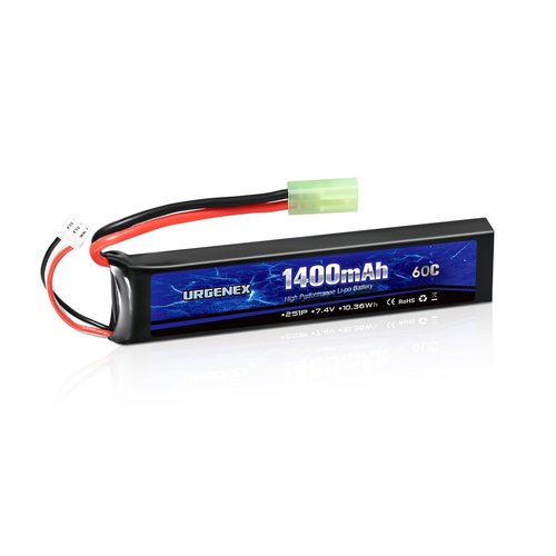 URGENEX Airsoft Battery 7.4V 1400mAh 60C High Discharge Rate Lipo Battery Pack with Mini Tamiya Plug Rechargeable 2S Lipos Fit for Airsoft Model Guns