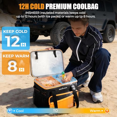 INSMEER Collapsible Cooler with Hard Shell & 4 Cup Holders - Orange, 55 Cans