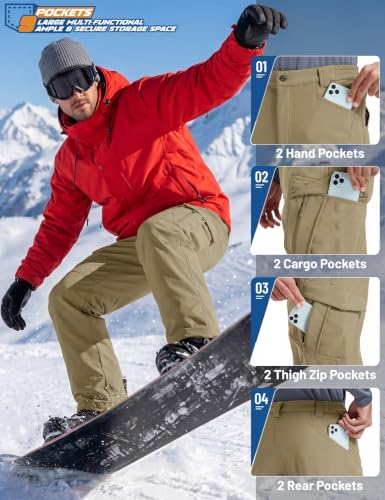 Men's Winter Snow Ski Pants Waterproof Fleece Lined Work Tactical Khaki 34