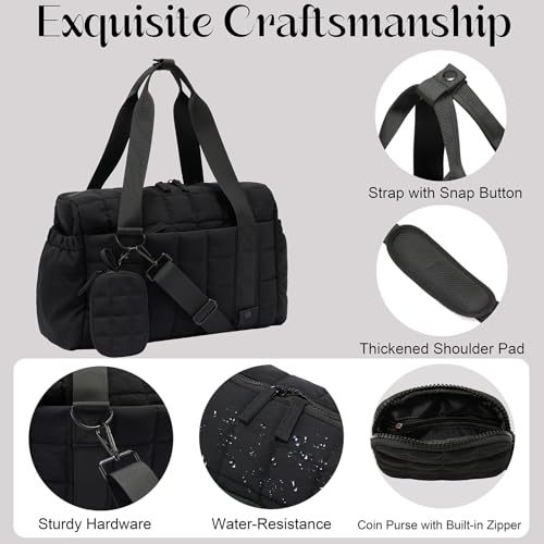 Small Gym Bag for Women with Yoga Mat Holder - Black, Puffy Sports Duffle