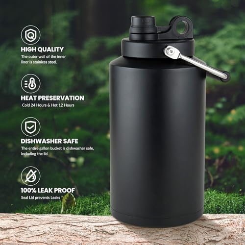 Black 128oz Insulated Stainless Steel Water Bottle - Keeps Ice 48HR, Leakproof