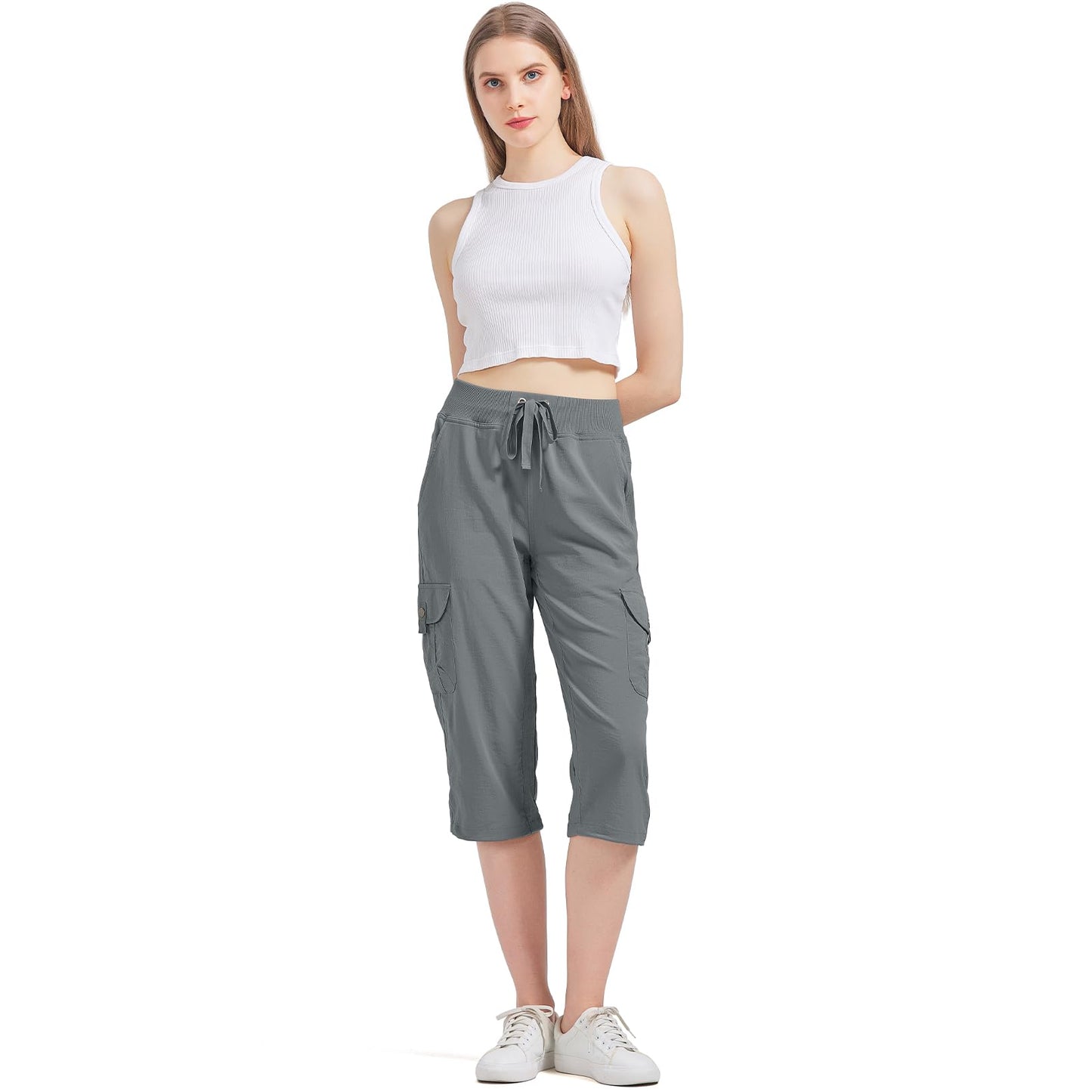 Women's Cargo Capris Hiking Pants with 6 Pockets Lightweight Quick Dry Outdoor Travel Casual Comfy Summer Pants(2032 Grey XXXL)