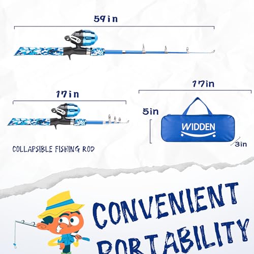 Kids Fishing Pole with Reel - Blue Beginner Kit for Boys Girls Ages 3-12