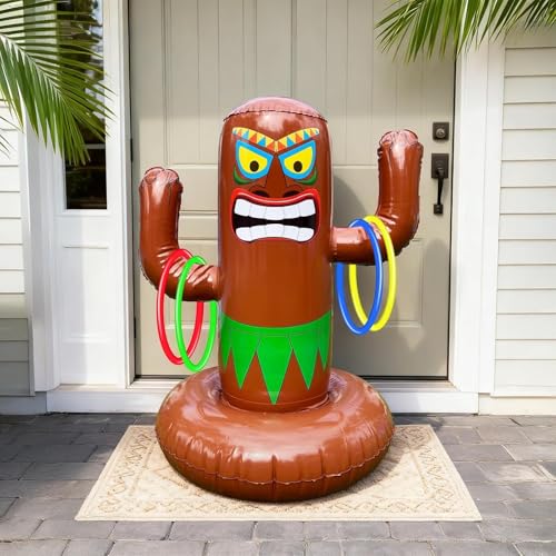 Inflatable Tiki Pool Ring Toss Game - 27 Inch Tropical Summer Party Toy with 4 Rings