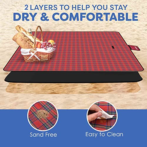 Red Picnic Beach Blanket 99x60in Waterproof Sandproof Outdoor Mat for Camping & Family