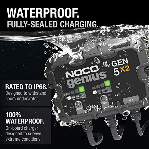 NOCO Genius GEN5X2: 2-Bank, 10A Onboard Battery Charger - 5A Per Bank, 12V Waterproof Marine Charger with Overcharge Protection & Temperature Compensation ? for Lead-Acid & Lithium Batteries