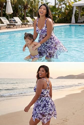 Plus Size Mesh Swim Dress Two Piece Swimsuit with Shorts - Purple Flower 18