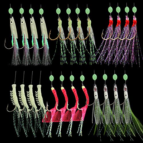 Sabiki Rigs Set 20-Pack Luminous Bait Fishing Rigs with Sharp Hooks for Saltwater & Surf Fishing - Variation of THIS listing