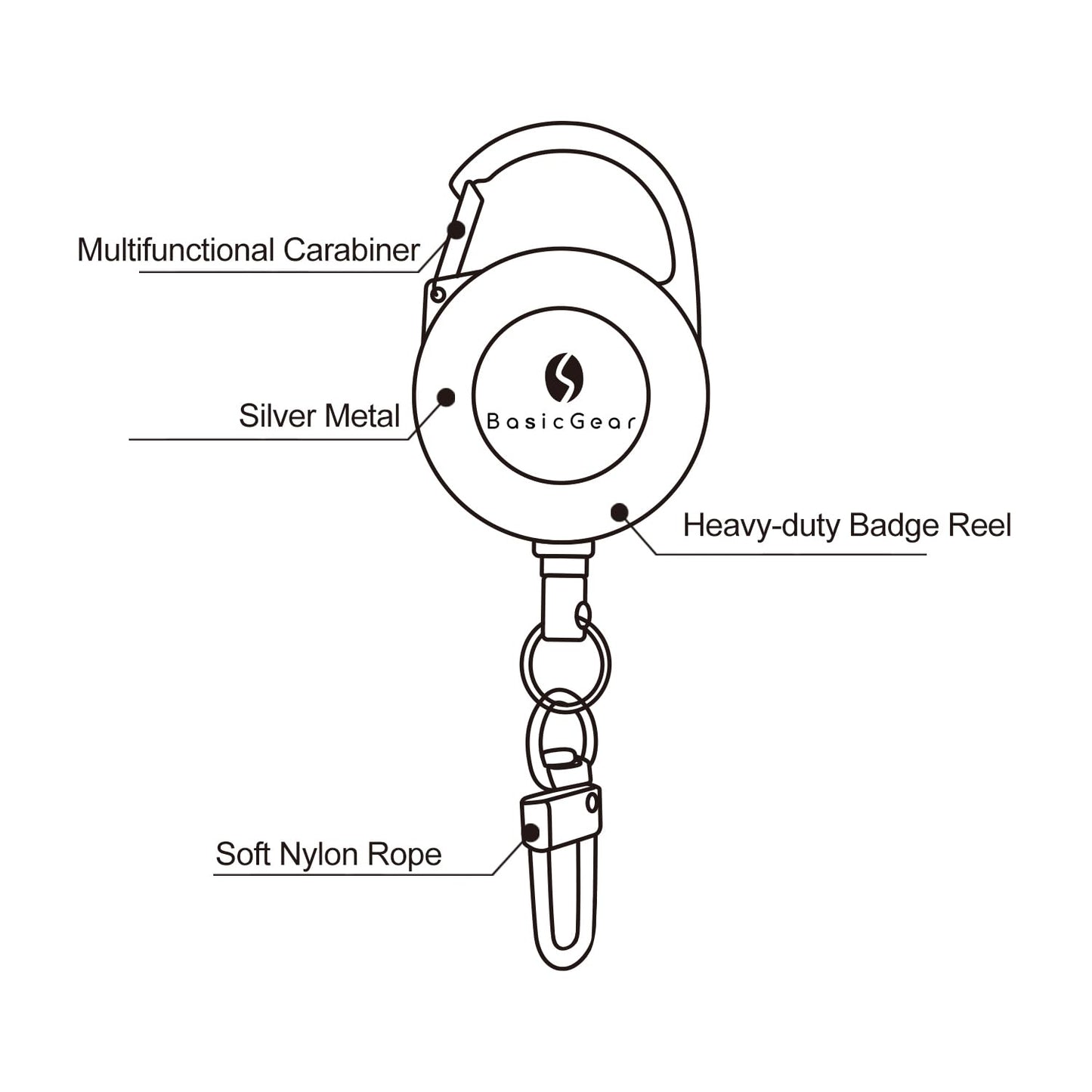 BasicGear Zinger Retractable Keychain 2 Pack – Brushed Metal with 24" Cord, Heavy Duty Badge Reel for Fishing & Outdoors