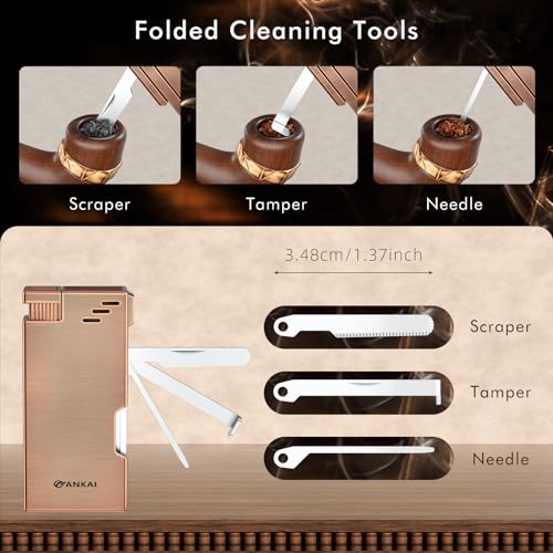 Pipe Lighter with Pipe Stand, 3 in 1 Cleaner Tools, Refillable Butane Lighter with Angled Soft Flame, Pipe Lighters for Smoking, Pipe Gift for Father's Day,Christmas Day (Bronze)