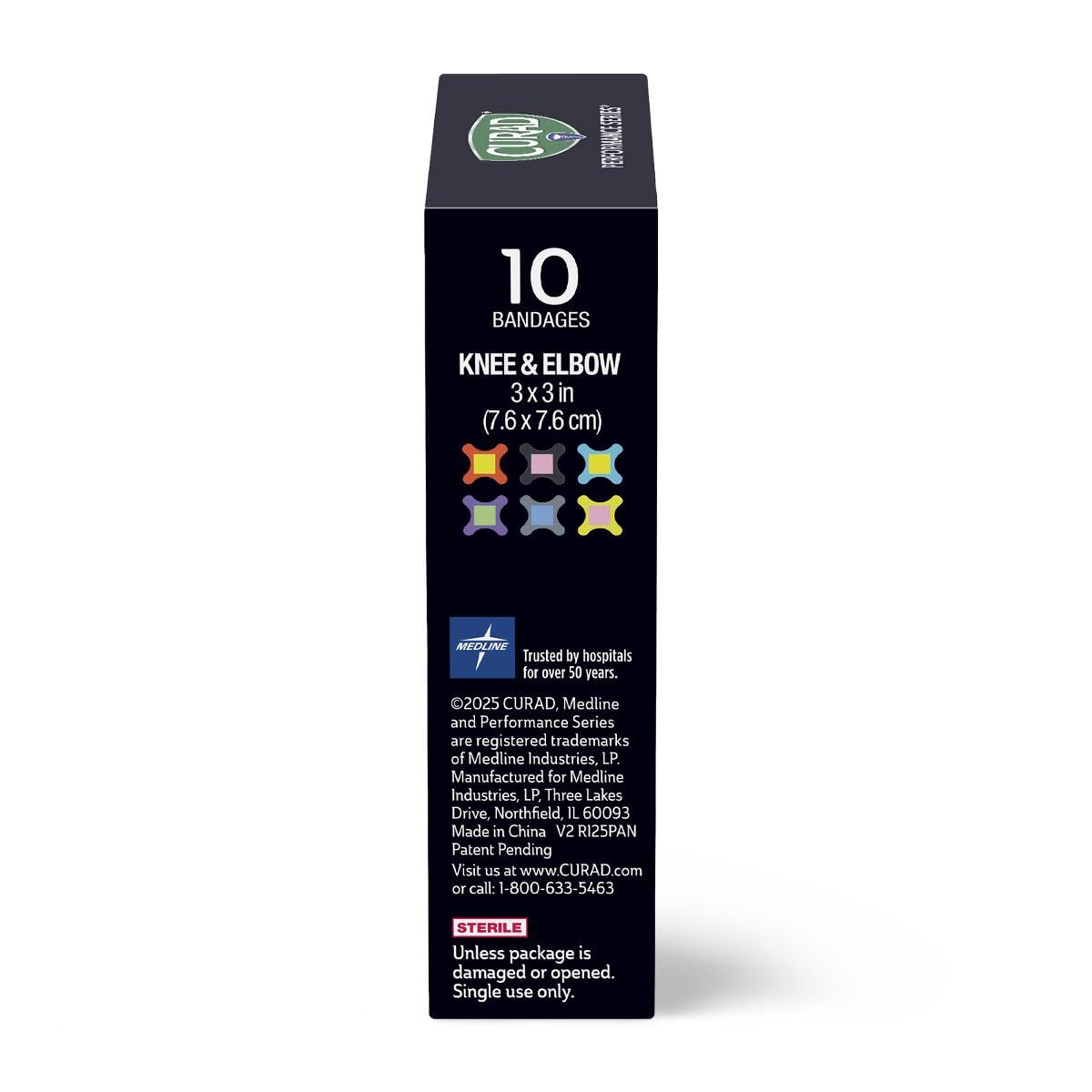 CURAD Performance Series Antibacterial Bandages, Elbows and Knees, 3" x 3", 10 Count