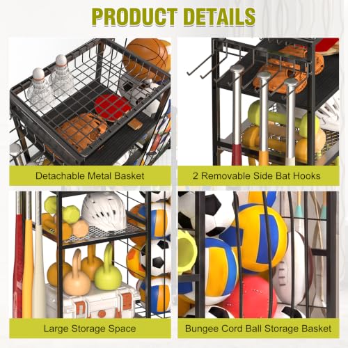 Garage Ball Storage Rack with Hooks & Bungee Organizer for Sports & Toys