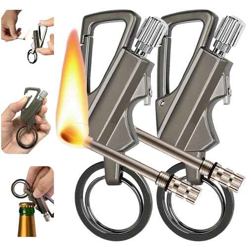 Permanent Match Bottle Opener Metal Keychain Lighter, Reusable Survival Fire Starter Lighter, Emergency Waterproof Striker Stick Kit, Great for Camping, BBQ, and Adventures (GRAY-2Pcs)