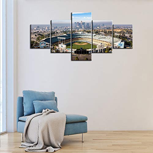 Los Angeles, California - The Famous Dodger Stadium with Downtown LA in the Background Pictures for Living Room 5 Piece Canvas Wall Art Modern Artwork Home Decor Stretched Ready to Hang - 50''Wx24''H