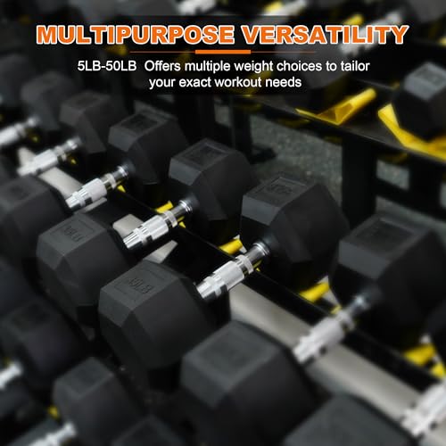 Fitvids Rubber Encased Hex Dumbbell Set Contoured Handle for Muscle Toning, Strength Building & Full Body Workout, 60LB, 100LB, 150LB and 550LB Set