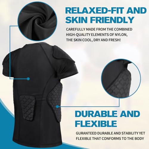 Youth Boys Football Padded Shirt Rib Chest Protector 6-Pads - Black, Large