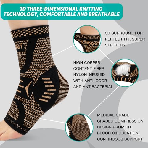 INDEEMAX Ankle Brace for Sprained Ankle Compression Sleeve, 2 Pack Copper Infused Ankle Support Brace for Women & Men, Plantar Fasciitis Relief Achilles Tendonitis, Sports Running, Copper Black, 2XL