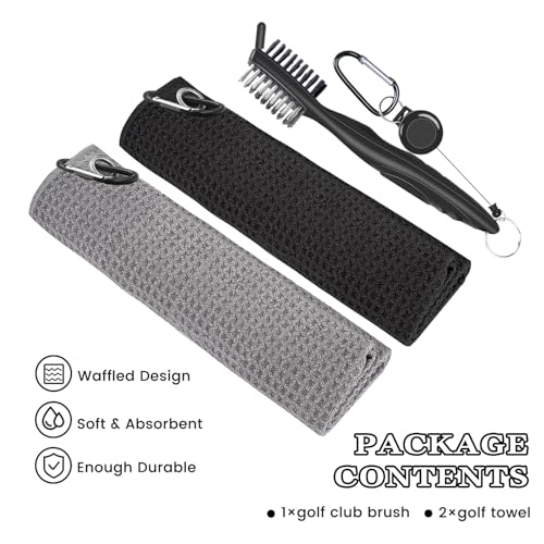 Golf Towel Set with Brush - Black & Gray 16x16 Inch Absorbent Microfiber