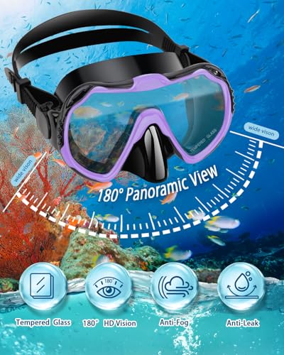 Purple Adult Snorkel Set with Panoramic Mask and Dry Snorkel - Anti-Fog, Anti-Leak