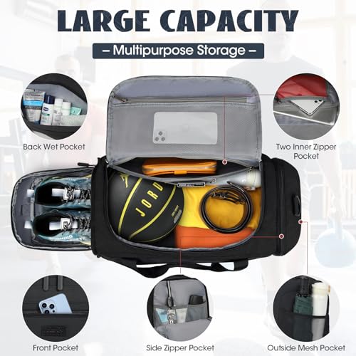 IGOLUMON 40L Waterproof Gym Duffle Bag with Shoe & Wet Compartments - Black