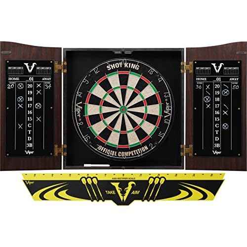Viper Vault Cabinet & Shot King Sisal/Bristle Dartboard Ready-to-Play Bundle with Two Sets of Steel-Tip Darts, Throw Line, and Dry Erase Scoreboards, Walnut Finish