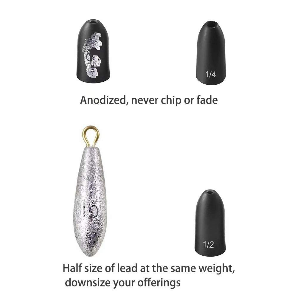 Fishfun Tungsten Bullet Fishing Weights, Insert Free Worm Sinkers, 12 Pack, 1/8oz, No Chip Black