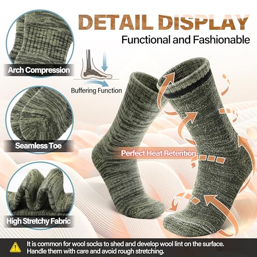Anlisim Merino Wool Hiking Socks - Crew Work Socks for Men Women Large Green/Black/Grey