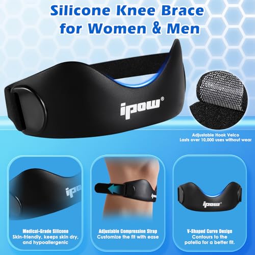 IPOW Black Blue Patella Knee Support Strap for Running & Jumping - Adjustable Non-Slip Tendon Brace