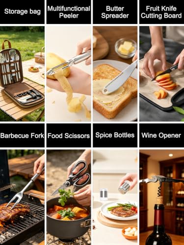 15-Piece Camping Utensil Set with Organizer Stainless Steel Cookware Kit