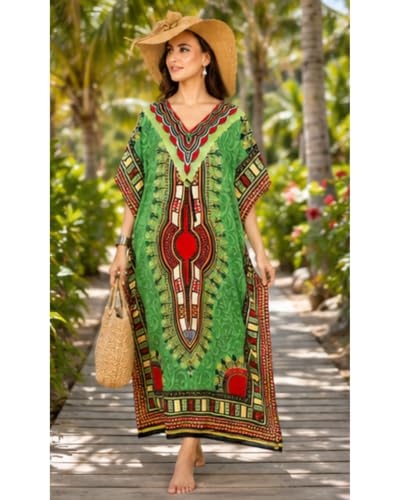 Women African Kaftan Maxi Swimsuit Beach Cover Up Nightwear Loungewear Casual Dress - Alkc-Green